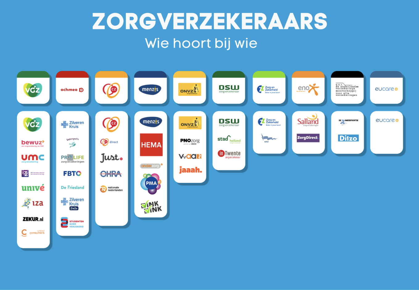 schematisch overzicht van welke zorgverzekeraar bij welke zorgverzekering hoort.